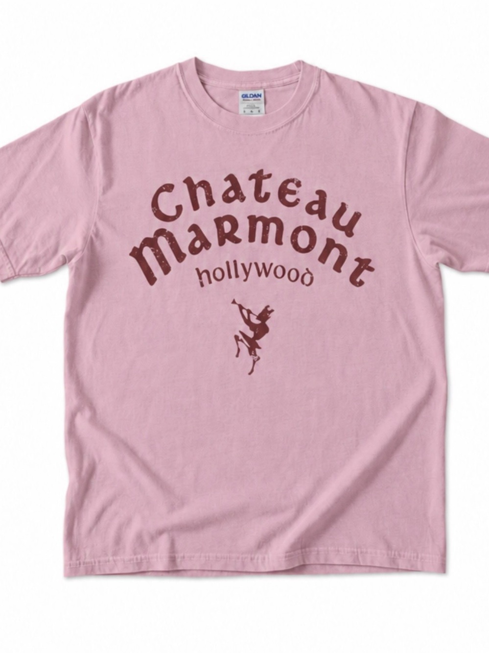 Gildan Pink Short Sleeve Tee with Maroon Chateau Marmont Graphic Tee